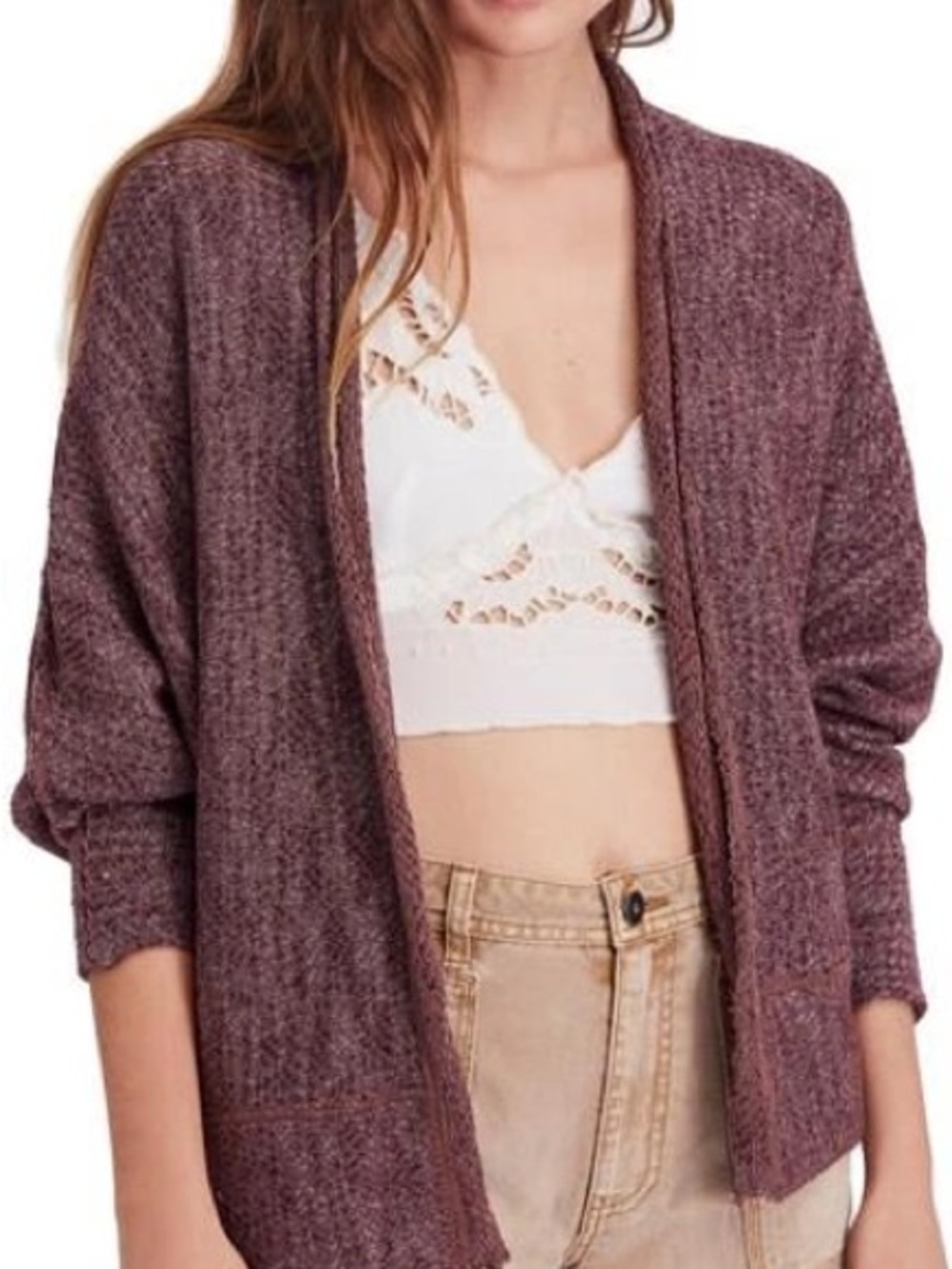 Free People Open-Front Cardigan Sweater - Mauve Plum